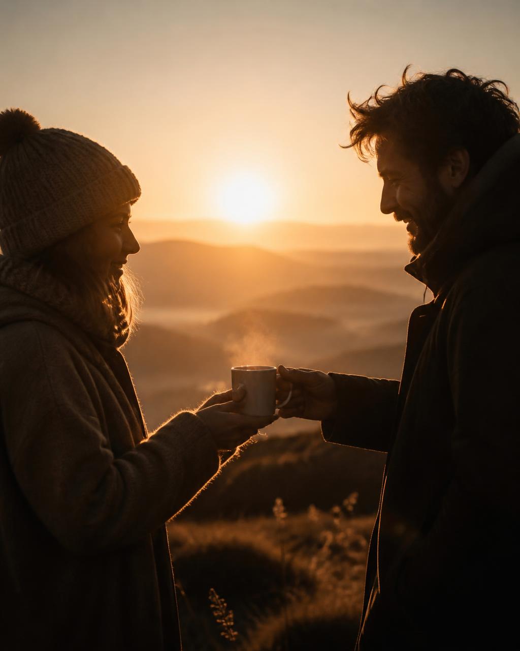 Two people passing a warm cup at sunrise