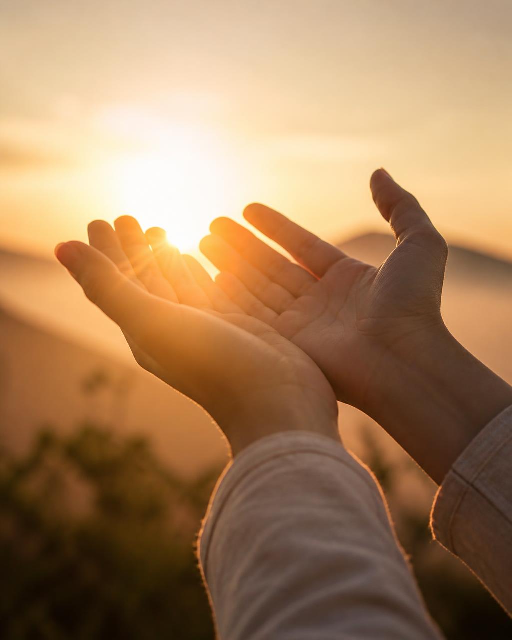 Open hands lifted into the light of sunrise
