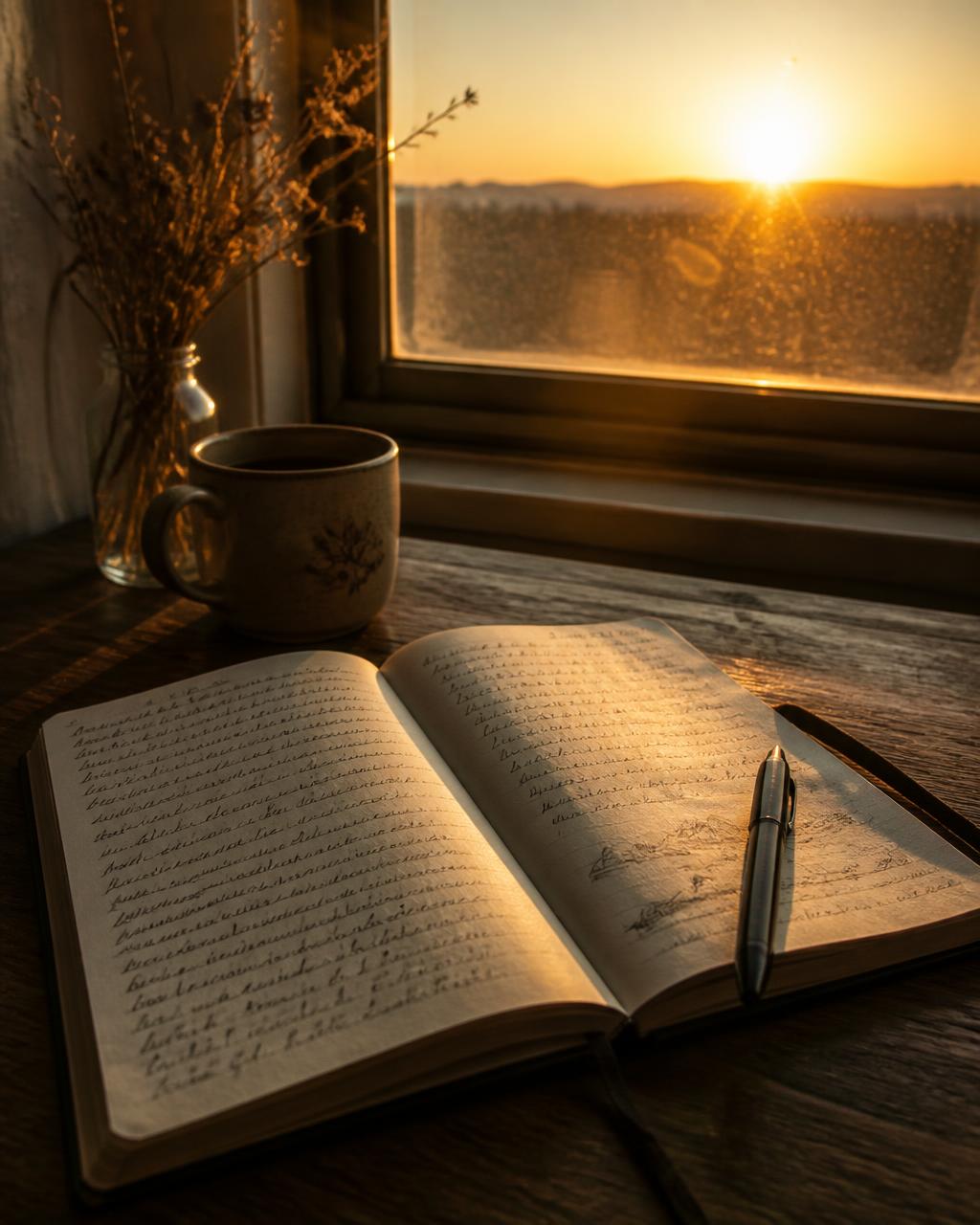 An open journal beside a window at sunrise